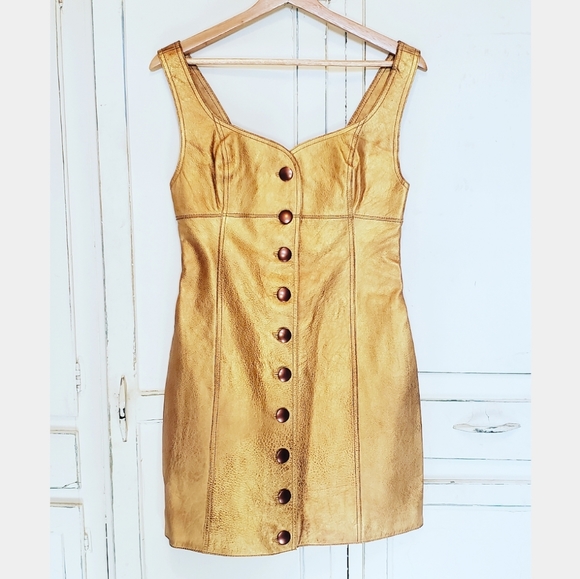 Free People yellow Gold cow Leather button Jumper Party sleeveless mini Dress - Picture 2 of 11